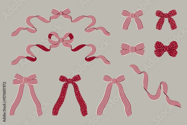 Fototapeta Simple Minimalist Striped and Dots Ribbon Bow Collection. Vector Illustration in Vintage Hand-Drawn style