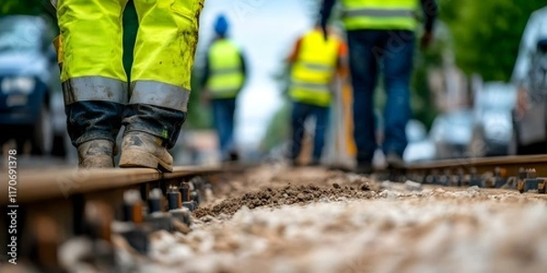Fototapeta Workers in safety gear walking along a railway track, with construction equipment and vehicles visible in the background. Concept Safety Gear Compliance, Railway Construction Site