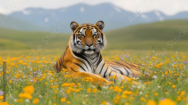 Obraz A tiger lying in a meadow filled with wildflowers, with rolling hills as the background, during a sunny spring afternoon