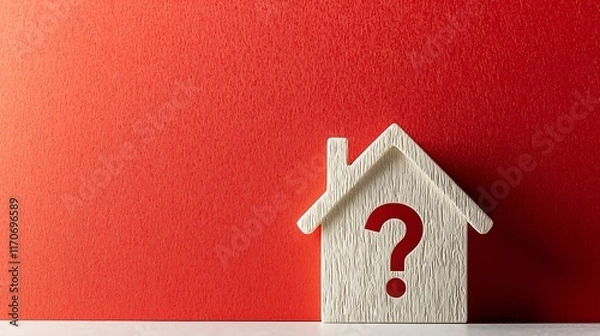 Fototapeta A wooden house icon with a question mark on a red background.