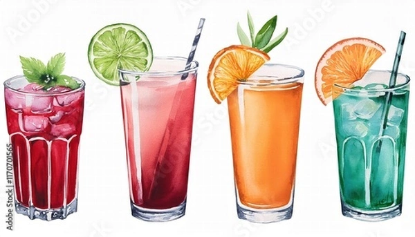 Fototapeta Vibrant Watercolor Cocktail Drinks Set on White Background A Daily Routine of Refreshing Beverages Perfect for Summer Gatherings, Parties, and Relaxing Moments with Friends and Family.