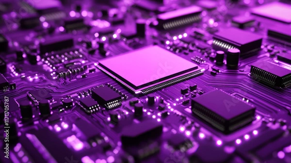 Fototapeta Futuristic technology abstract background, with purple illuminated high tech circuitry