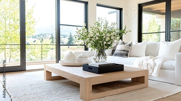 Fototapeta Modern living room with large windows, white sofa, and wooden coffee table, featuring a flower arrangement.