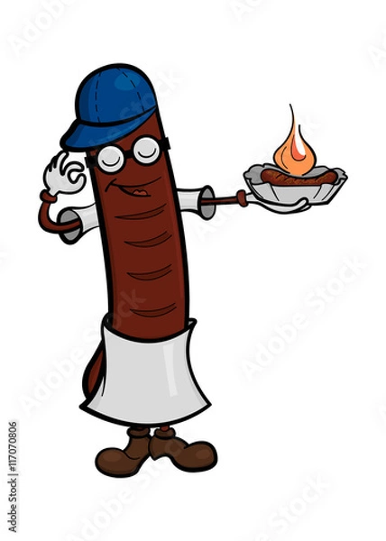 Fototapeta Sausage cartoon character holding a german curry wurst. Vector illustration, isolated on white background, eps 10.