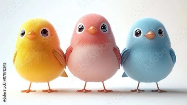 Fototapeta Colorful little birds in a playful cartoon style create a cheerful atmosphere with bright hues and endearing expressions