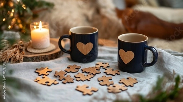 Fototapeta Cozy Winter Scene with Puzzle Pieces, Mugs, and Candlelight for Romantic Evenings