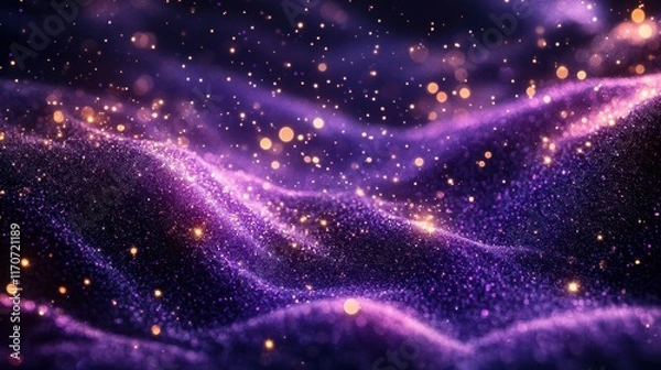 Fototapeta Stunning cosmic landscape shining with vibrant purple and gold hues illuminating the waves of shimmering stardust. Generative AI