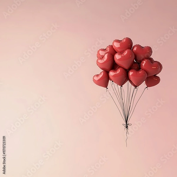 Fototapeta red heart-shaped balloons on pink gradient background for Valentine's Day