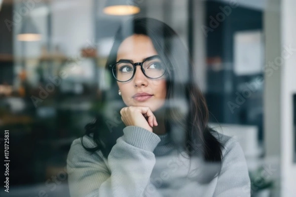 Obraz Thoughtful woman wearing eyeglasses looking through window