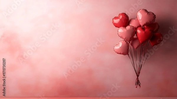 Fototapeta Valentine's Day heart-shaped balloons with space for text in red and pink theme