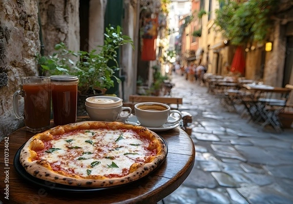 Obraz Delicious Pizza And Drinks Enjoyed Outdoors In Italy