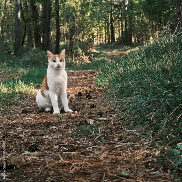 Fototapeta A beautiful white and orange cat posing in the forest