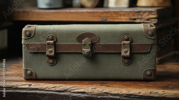 Fototapeta Vintage travel case resting on a rustic wooden table in a cozy, well-lit interior full of charm and nostalgia. Generative AI
