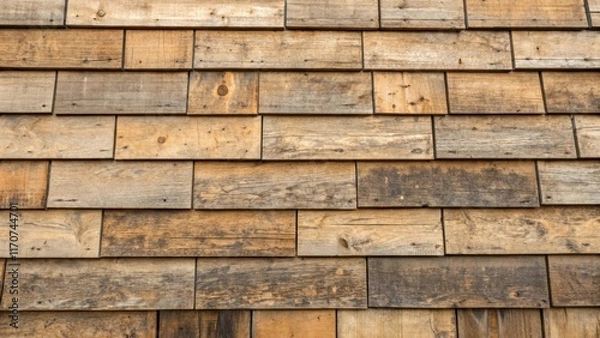 Fototapeta A close inspection of the cladding reveals charming rustic boards with a weathered look finished in earthy tones. The uneven textures and slight variations in color give a sense of