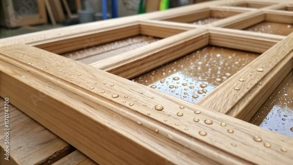Fototapeta A closeup view of the intricate joinery of a wooden cat window highlighting the precision corners and the natural sheen of the untreated wood. Small droplets of moisture cling to