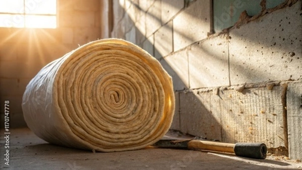 Fototapeta A close view of a roll of insulation resting against a weathered wall its exterior slightly crinkled from recent handling. The sunlight streams in from above illuminating the
