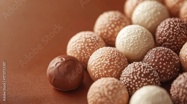 Fototapeta Delightful assortment of chocolate-coated confections sprinkled with lively textures displayed on a rich surface. Generative AI