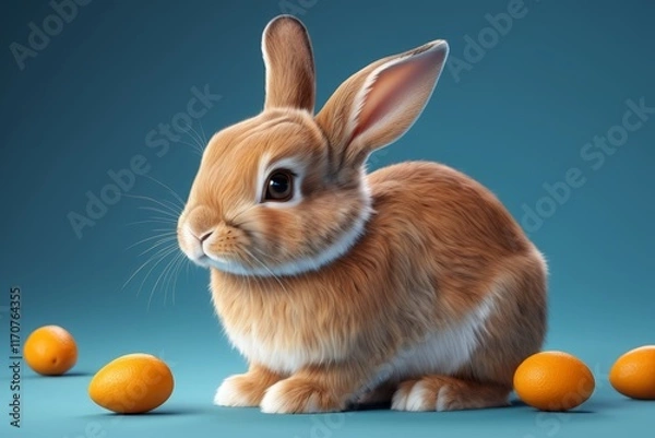 Fototapeta there is a rabbit sitting next to oranges on a blue surface