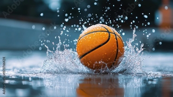 Fototapeta A dynamic image of a basketball ball mid-air, surrounded by dramatic water splashes
