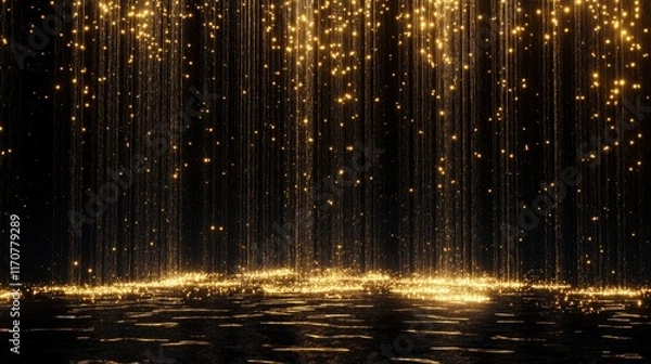 Fototapeta Golden Glitter Rain Falling on Dark Water Abstract Luxury Background, Sparkling Texture for Design