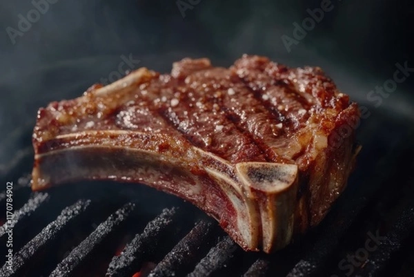 Fototapeta Juicy ribeye steak sizzling on the grill, perfect for meat lovers' gatherings.