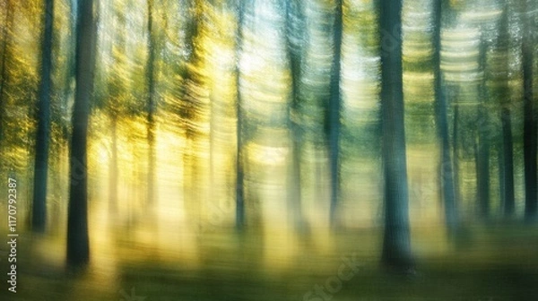 Fototapeta Abstract Golden Hour Forest Motion Blur Photography of Sunlit Trees and Lush Green Undergrowth