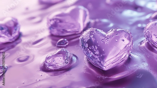 Fototapeta Purple hearts with bubbles on water background, smooth surface.