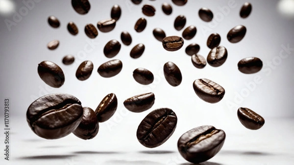 Fototapeta Many roasted coffee beans float in the air. Perfect for coffee shop branding, advertising, social media posts, and coffee-related design projects