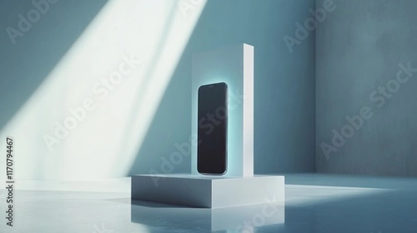 Obraz Modern smartphone mockup on a white pedestal, bathed in sunlight, showcasing a clean, minimalist design.