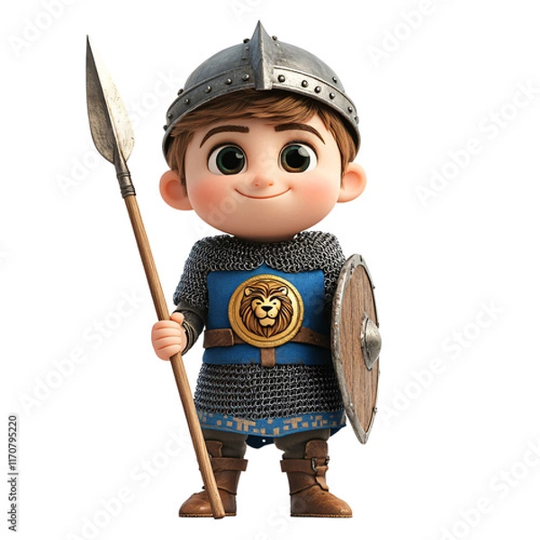 Fototapeta A cheerful cartoon knight in armor holding a spear and shield, ready for adventure.