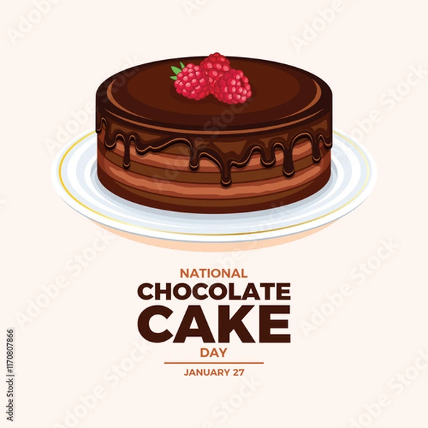 Fototapeta National Chocolate Cake Day poster vector illustration. Whole round chocolate cake with raspberries icon vector. Template for background, banner, card, poster. January 27. Important day