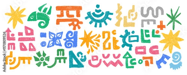 Fototapeta Set of abstract African tribal geometric shapes, ancient ethnic traditional symbols and ornate signs. Hand-drawn oriental elements in doodle style. Isolated colored flat vector illustrations