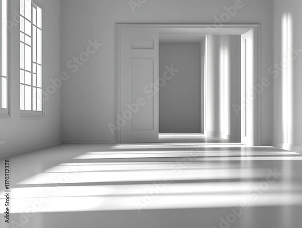 Fototapeta Sunlight streams into a minimalist white room.