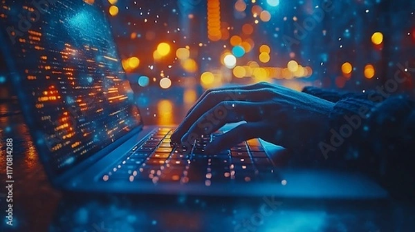 Fototapeta Hands Typing Code on Laptop at Night