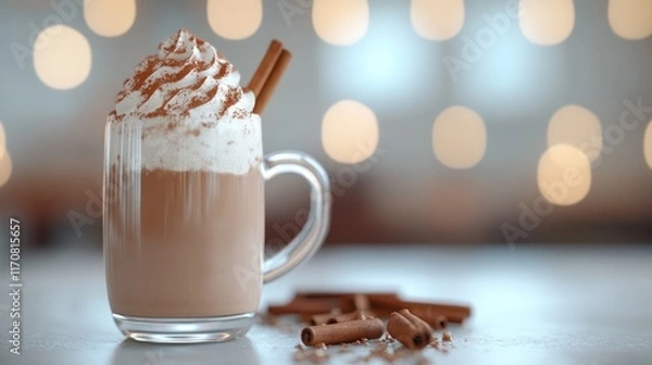 Fototapeta Warm, creamy, spiced hot chocolate in a clear mug, topped with whipped cream and cinnamon.