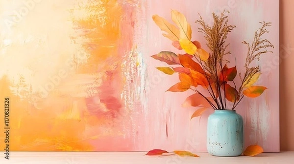 Fototapeta Autumn leaves in teal vase against abstract art.