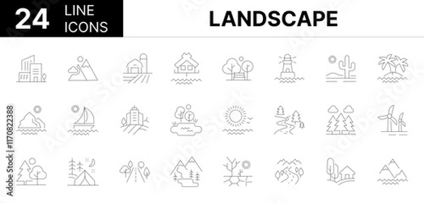 Obraz Collection of 24 landscape line icons featuring editable strokes. These outline icons depict various modes of landscape, road, lake, view, land, sea, summer, sunrise, landscape, illustration, vector, 