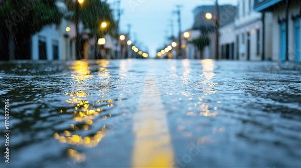 Fototapeta A rain-soaked urban street with reflections of lights on the wet pavement at dusk, capturing quiet mood and cinematic charm in a modern city setting.