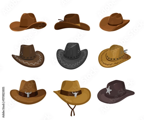 Obraz Cowboy Hats set in Various Styles and Colors isolated on white background. Vector Illustration. Cartoon elements for western, cowboy, country, fashion-themed projects, poster and character design.