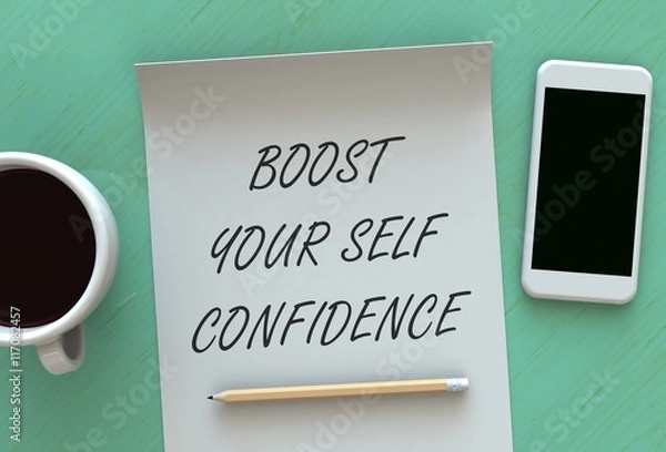 Fototapeta BOOST YOUR SELF CONFIDENCE, message on paper, smart phone and coffee on table, 3D rendering