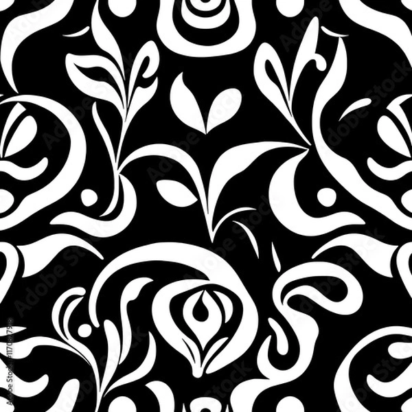 Obraz Black and White Floral Pattern: A seamless pattern featuring intricate white floral motifs on a black background. Elegant and classic, this design evokes a sense of timeless beauty and sophistication.