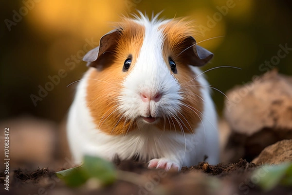 Obraz The Delightful Portrait of a Multi-Colored Domestic Guinea Pig soaked in Natural Daylight