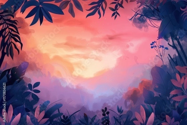 Fototapeta A vibrant sunset painted with colorful hues over a lush jungle