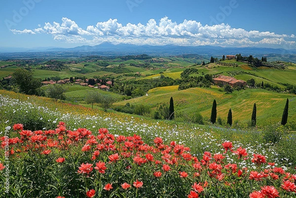 Obraz Scenic Tuscan landscape with colorful wildflowers, rolling hills, and distant mountains under a blue sky.