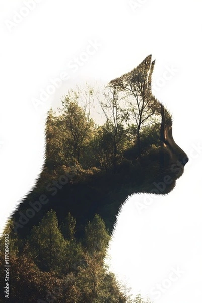 Obraz Double Exposure Cat Silhouette with Misty Forest Scene.