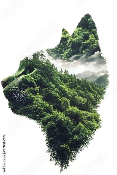 Obraz Double Exposure Cat Silhouette with Misty Forest Scene.