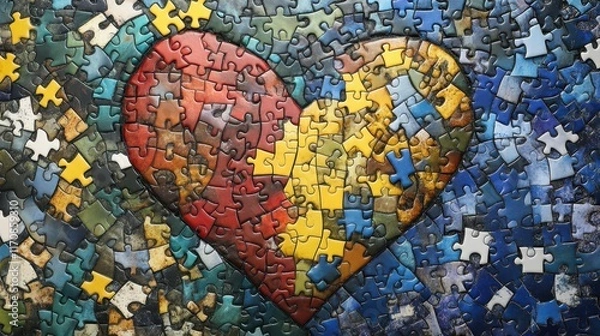 Fototapeta A heart-shaped puzzle with pieces scattered, symbolizing love and togetherness