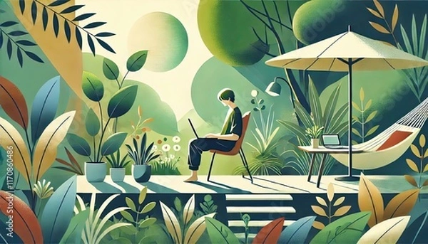 Fototapeta リモートワーク。自然と調和する働き方。植物に囲まれ、優しい陽射しを浴びながらパソコンを開く。generated by AI.