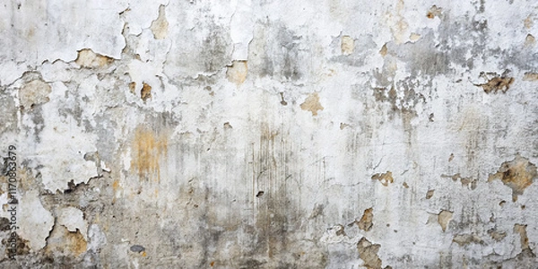 Fototapeta A worn concrete wall showcases peeling paint and various textures. Its surface tells a story of age and neglect, revealing hints of previous colors and styles