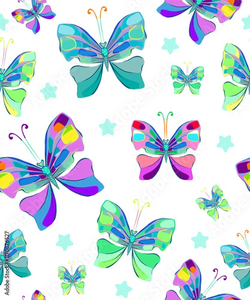 Fototapeta Vintage butterflies and stars in watercolor style on a seamless background or pattern. Vector